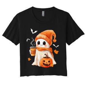 Cute Ghost Drinking Coffee Halloween Ghost Ice Coffee Women's Crop Top Tee