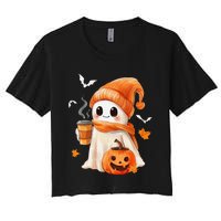 Cute Ghost Drinking Coffee Halloween Ghost Ice Coffee Women's Crop Top Tee