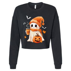 Cute Ghost Drinking Coffee Halloween Ghost Ice Coffee Cropped Pullover Crew