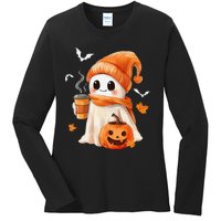 Cute Ghost Drinking Coffee Halloween Ghost Ice Coffee Ladies Long Sleeve Shirt