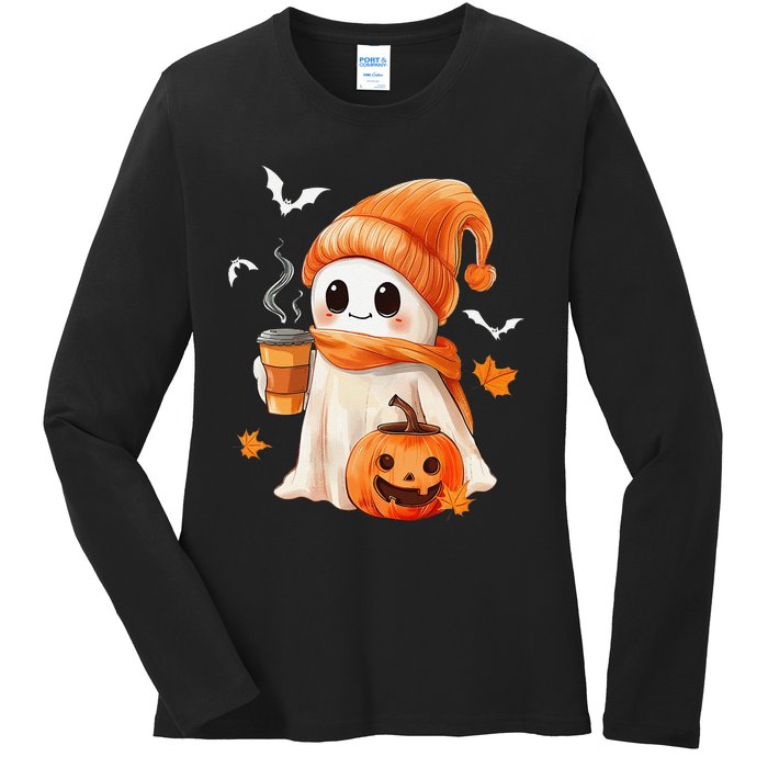 Cute Ghost Drinking Coffee Halloween Ghost Ice Coffee Ladies Long Sleeve Shirt