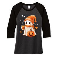 Cute Ghost Drinking Coffee Halloween Ghost Ice Coffee Women's Tri-Blend 3/4-Sleeve Raglan Shirt