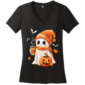 Cute Ghost Drinking Coffee Halloween Ghost Ice Coffee Women's V-Neck T-Shirt