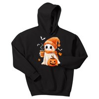 Cute Ghost Drinking Coffee Halloween Ghost Ice Coffee Kids Hoodie