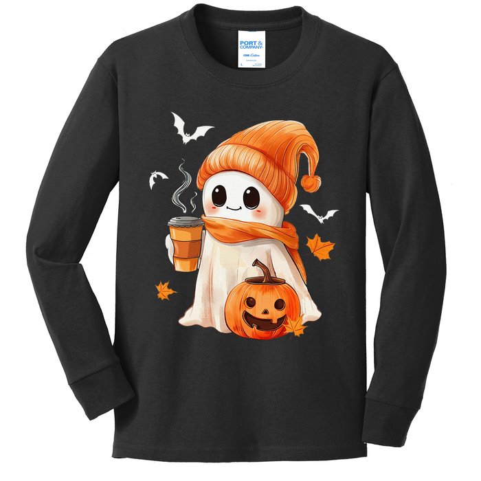 Cute Ghost Drinking Coffee Halloween Ghost Ice Coffee Kids Long Sleeve Shirt