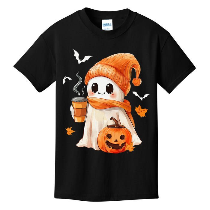 Cute Ghost Drinking Coffee Halloween Ghost Ice Coffee Kids T-Shirt