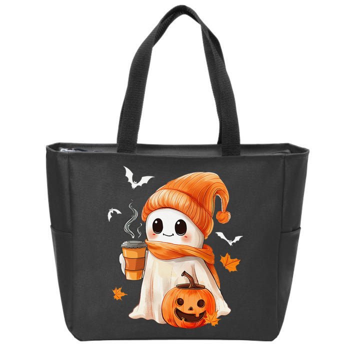 Cute Ghost Drinking Coffee Halloween Ghost Ice Coffee Zip Tote Bag