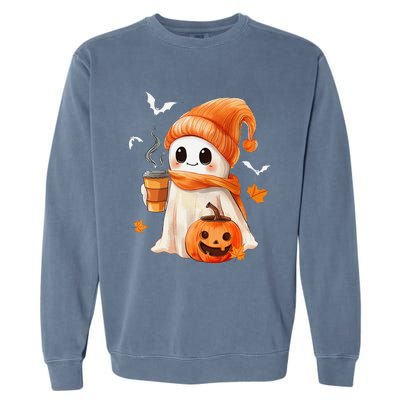 Cute Ghost Drinking Coffee Halloween Ghost Ice Coffee Garment-Dyed Sweatshirt