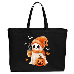 Cute Ghost Drinking Coffee Halloween Ghost Ice Coffee Cotton Canvas Jumbo Tote