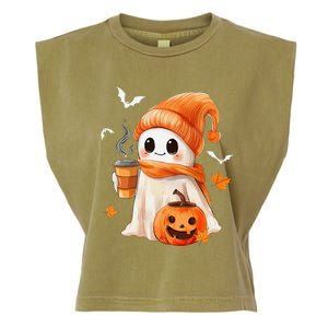 Cute Ghost Drinking Coffee Halloween Ghost Ice Coffee Garment-Dyed Women's Muscle Tee