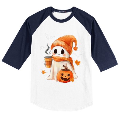 Cute Ghost Drinking Coffee Halloween Ghost Ice Coffee Baseball Sleeve Shirt