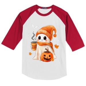 Cute Ghost Drinking Coffee Halloween Ghost Ice Coffee Kids Colorblock Raglan Jersey