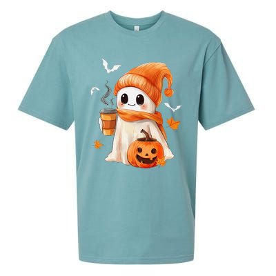 Cute Ghost Drinking Coffee Halloween Ghost Ice Coffee Sueded Cloud Jersey T-Shirt