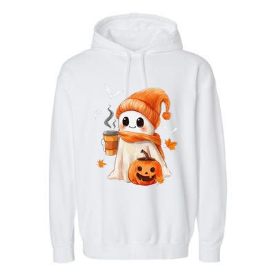 Cute Ghost Drinking Coffee Halloween Ghost Ice Coffee Garment-Dyed Fleece Hoodie