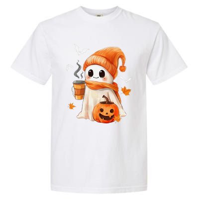 Cute Ghost Drinking Coffee Halloween Ghost Ice Coffee Garment-Dyed Heavyweight T-Shirt