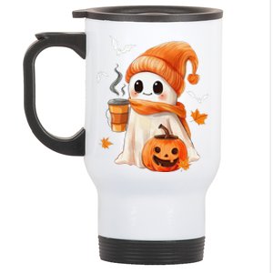 Cute Ghost Drinking Coffee Halloween Ghost Ice Coffee Stainless Steel Travel Mug