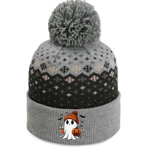 Cute Ghost Drinking Coffee Halloween Ghost Ice Coffee The Baniff Cuffed Pom Beanie