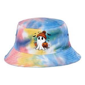 Cute Ghost Drinking Coffee Halloween Ghost Ice Coffee Tie Dye Newport Bucket Hat