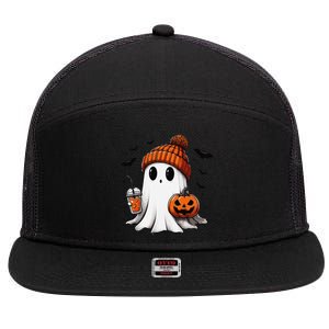 Cute Ghost Drinking Coffee Halloween Ghost Ice Coffee 7 Panel Mesh Trucker Snapback Hat