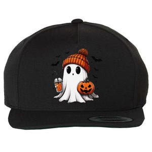 Cute Ghost Drinking Coffee Halloween Ghost Ice Coffee Wool Snapback Cap