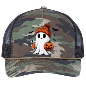 Cute Ghost Drinking Coffee Halloween Ghost Ice Coffee Retro Rope Trucker Hat Cap