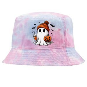 Cute Ghost Drinking Coffee Halloween Ghost Ice Coffee Tie-Dyed Bucket Hat