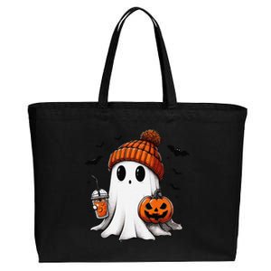 Cute Ghost Drinking Coffee Halloween Ghost Ice Coffee Cotton Canvas Jumbo Tote