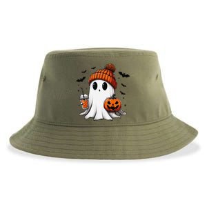 Cute Ghost Drinking Coffee Halloween Ghost Ice Coffee Sustainable Bucket Hat