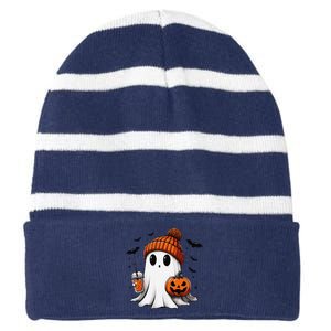 Cute Ghost Drinking Coffee Halloween Ghost Ice Coffee Striped Beanie with Solid Band