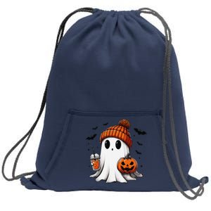 Cute Ghost Drinking Coffee Halloween Ghost Ice Coffee Sweatshirt Cinch Pack Bag