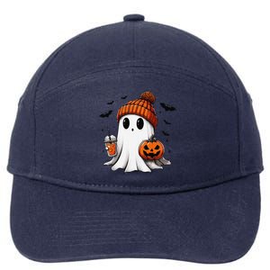 Cute Ghost Drinking Coffee Halloween Ghost Ice Coffee 7-Panel Snapback Hat