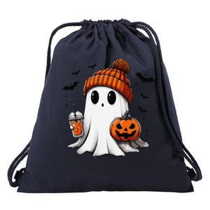 Cute Ghost Drinking Coffee Halloween Ghost Ice Coffee Drawstring Bag