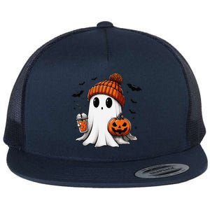 Cute Ghost Drinking Coffee Halloween Ghost Ice Coffee Flat Bill Trucker Hat