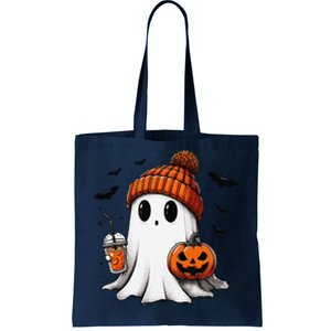 Cute Ghost Drinking Coffee Halloween Ghost Ice Coffee Tote Bag