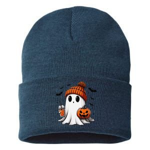 Cute Ghost Drinking Coffee Halloween Ghost Ice Coffee Sustainable Knit Beanie