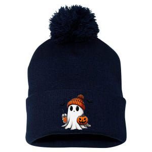 Cute Ghost Drinking Coffee Halloween Ghost Ice Coffee Pom Pom 12in Knit Beanie