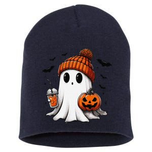 Cute Ghost Drinking Coffee Halloween Ghost Ice Coffee Short Acrylic Beanie