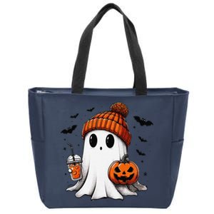 Cute Ghost Drinking Coffee Halloween Ghost Ice Coffee Zip Tote Bag