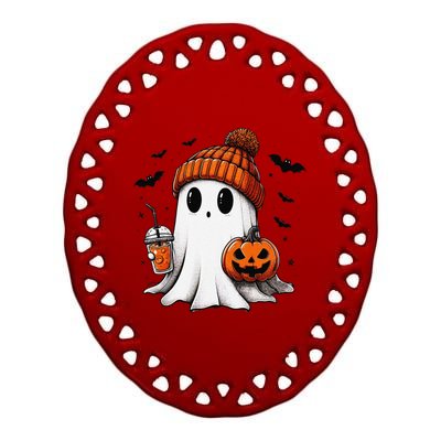 Cute Ghost Drinking Coffee Halloween Ghost Ice Coffee Ceramic Oval Ornament