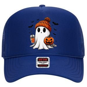 Cute Ghost Drinking Coffee Halloween Ghost Ice Coffee High Crown Mesh Back Trucker Hat