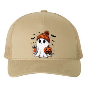 Cute Ghost Drinking Coffee Halloween Ghost Ice Coffee Yupoong Adult 5-Panel Trucker Hat