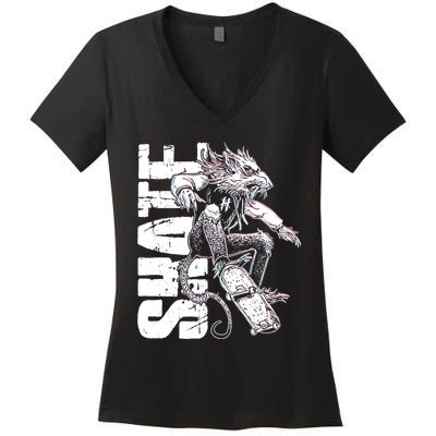 Cool Grunge Distressed Skateboarding Rat Mouse Women's V-Neck T-Shirt