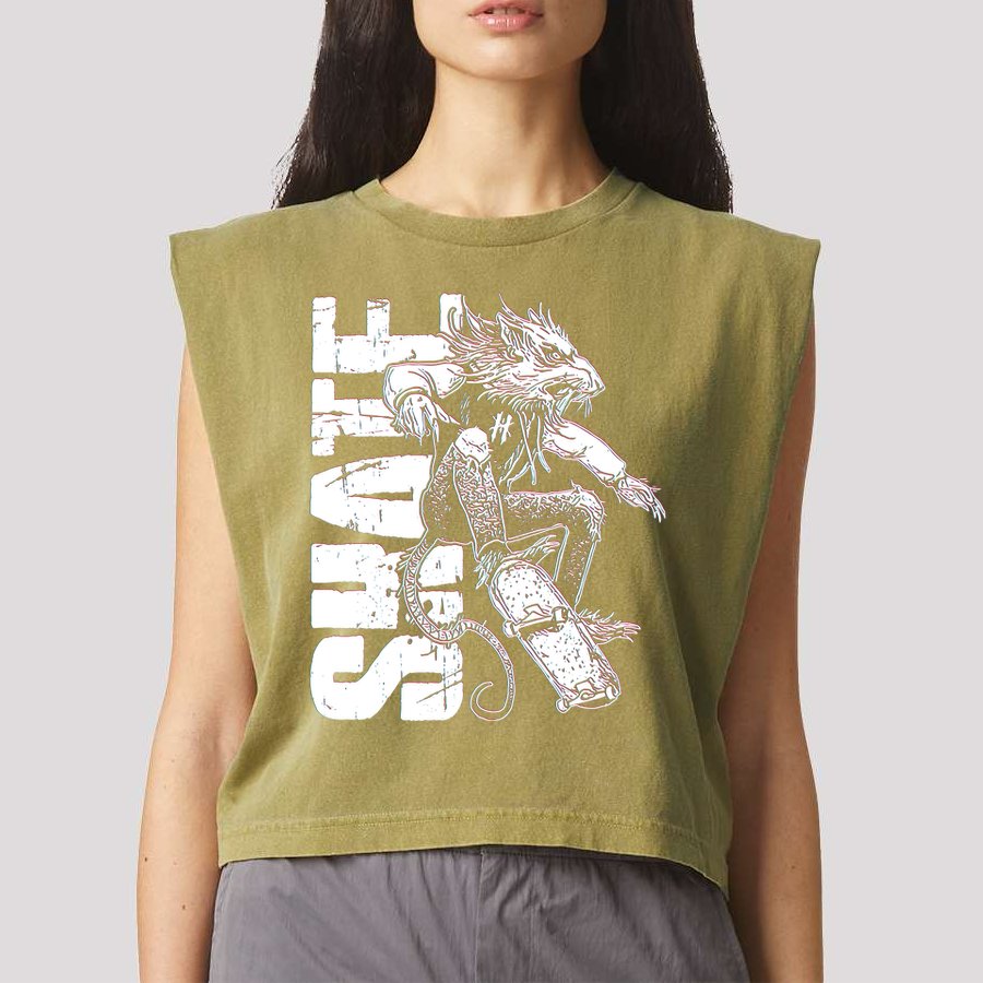 Cool Grunge Distressed Skateboarding Rat Mouse Garment-Dyed Women's Muscle Tee
