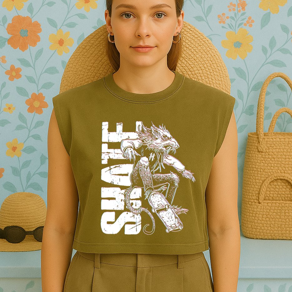 Cool Grunge Distressed Skateboarding Rat Mouse Garment-Dyed Women's Muscle Tee
