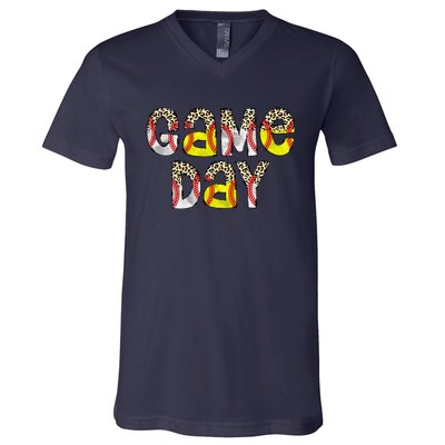 Cute Game Day Leopard Baseball Softball Mom Life Mom Of Both V-Neck T-Shirt