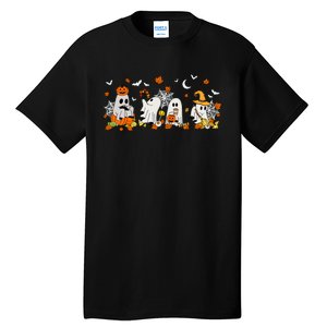 Cute Ghost Drinking Coffee Halloween Fall Ghost Book Reading Tall T-Shirt