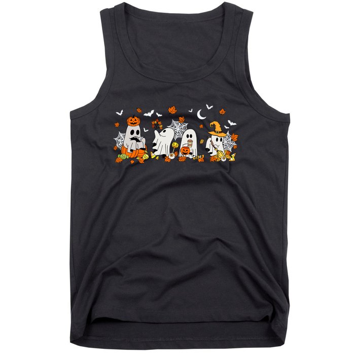 Cute Ghost Drinking Coffee Halloween Fall Ghost Book Reading Tank Top