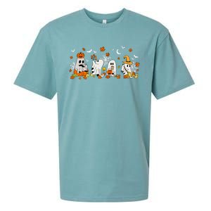 Cute Ghost Drinking Coffee Halloween Fall Ghost Book Reading Sueded Cloud Jersey T-Shirt