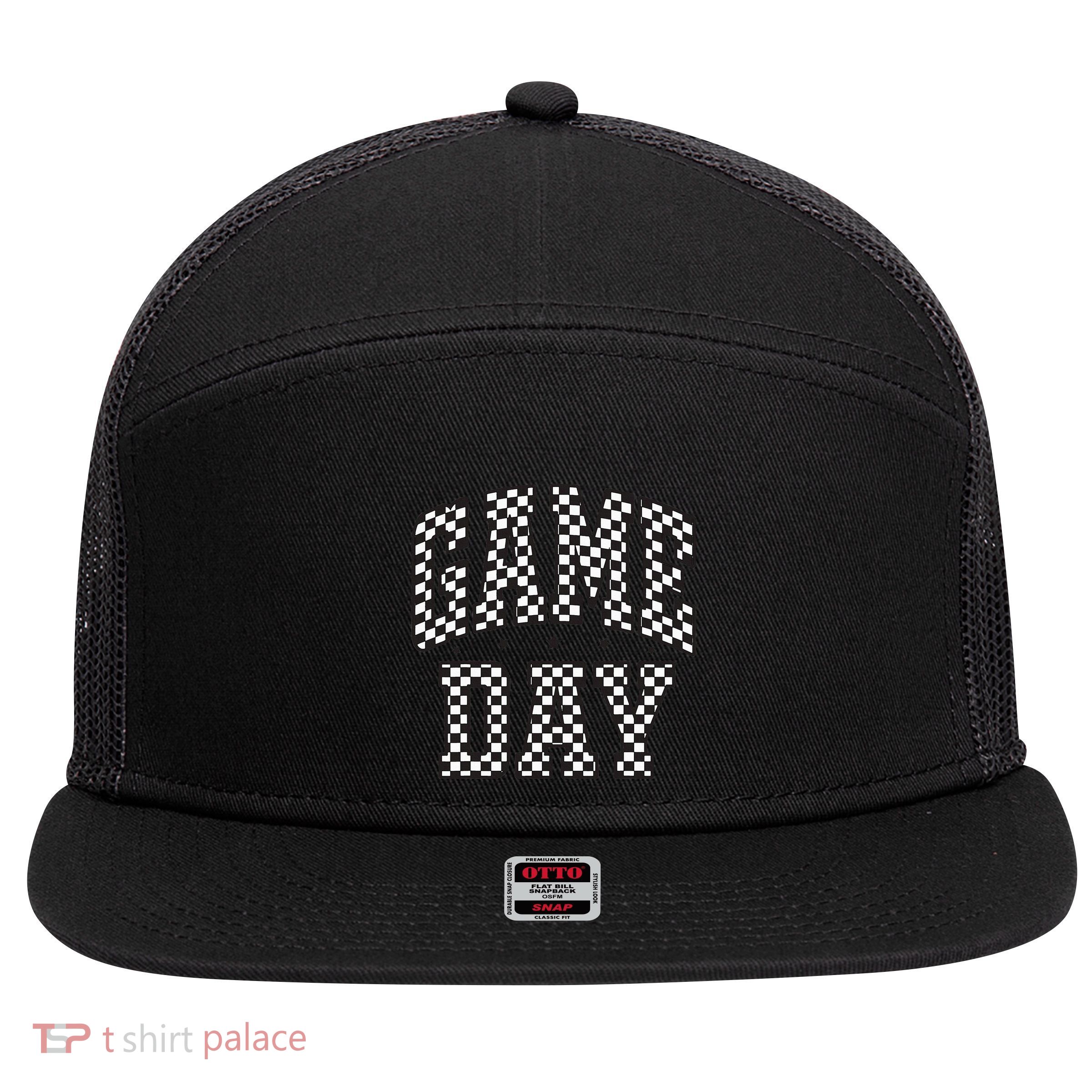 Checkered Game Day Football Black White Gift 7 Panel Mesh Trucker Snapback Hat