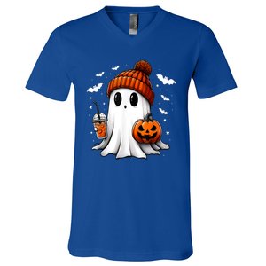 Cute Ghost Drink Pumpkin Halloween Gift V-Neck T-Shirt